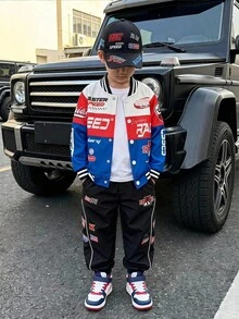 SHEIN Coolqubz 男孩時尚酷炫摩托車印花平織羅紋領口、袖口與下擺夾克，適合秋冬穿著，百搭易穿出時尚造型，為男孩衣櫥增添風格感與個性元素 - 寶藍色 - 查看 8