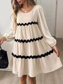 SHEIN Holidaya Gaun Kasual Liburan Gaya Boho dengan Tali Anyaman, Dekorasi Warna Beige Musim Gugur - Aprikot - View 4