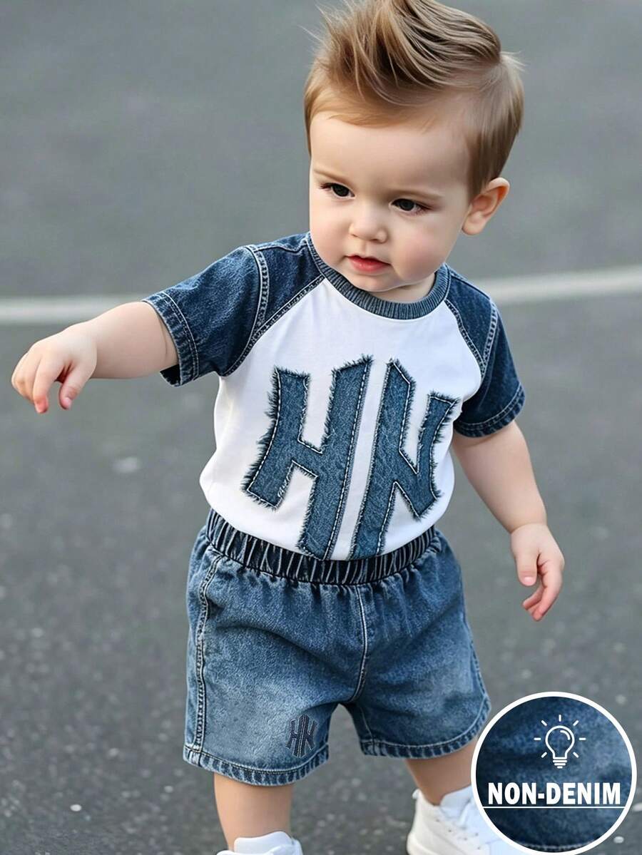 SHEIN Playful Pals 幼兒復古拼接短袖上衣與短褲2件套,柔軟休閒輕量親膚夏季戶外運動套裝,百搭藍白拼色耐穿兒童短袖短褲套裝 - 彩色 - 查看 1