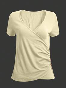 EMERY ROSE Women's Pleated Button Asymmetrical Hem Short Sleeve T-Shirt - Apricot - View 3