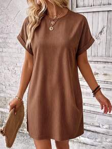 EMERY ROSE Striped Batwing Sleeve Casual Vacation Dress - Brown - View 3