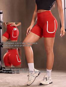 SHEIN Sports Celana Pendek Olahraga Slim Fit Pinggang Tinggi Lembut dengan Kantong Samping untuk Gym, Lari, Warna Hitam dan Merah, Cocok untuk Musim Panas - Merah - View 1
