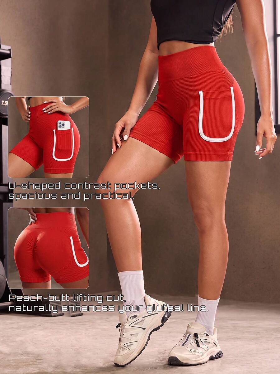 SHEIN Sports Celana Pendek Olahraga Slim Fit Pinggang Tinggi Lembut dengan Kantong Samping untuk Gym, Lari, Warna Hitam dan Merah, Cocok untuk Musim Panas - Merah - View 1