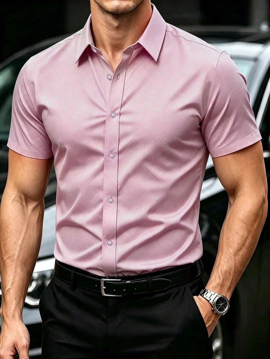 Manfinity Mode Men's Summer Casual Solid Color Short Sleeve Shirt - Pink - View 1