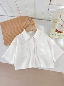 SHEIN LMoss Kids LMoss 女孩編織素色寬鬆短版休閒襯衫 - 白色 - 查看 1