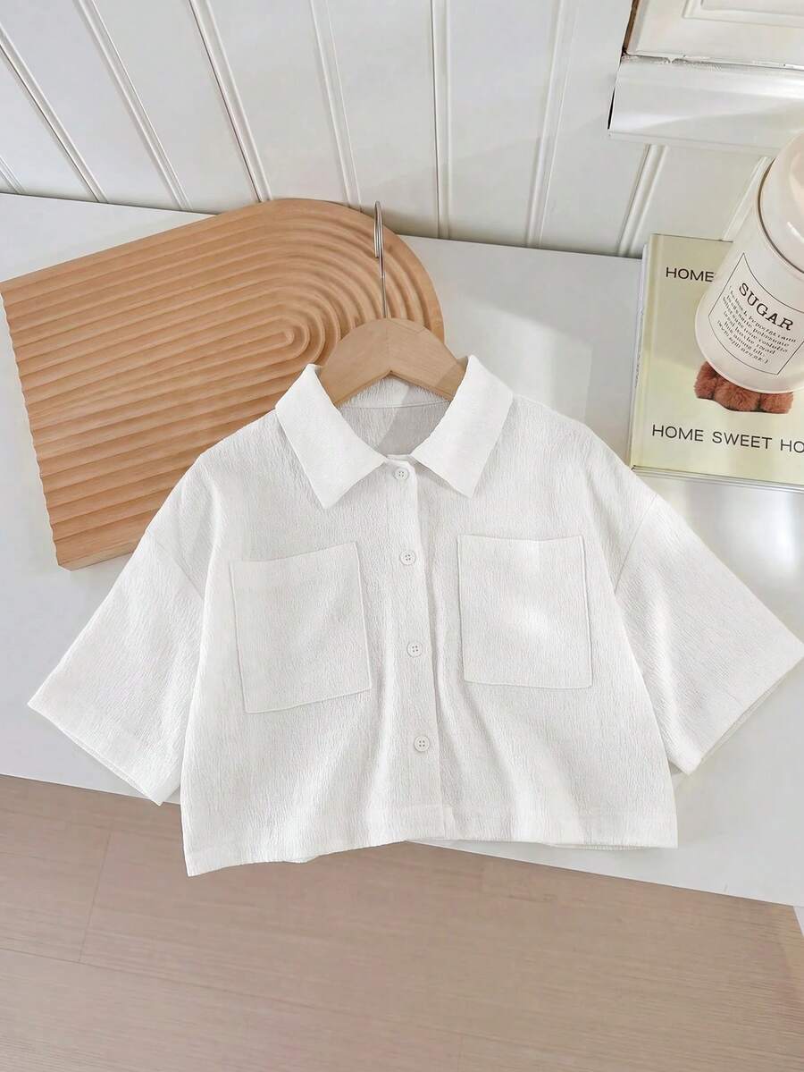 SHEIN LMoss Kids LMoss 女孩編織素色寬鬆短版休閒襯衫 - 白色 - 查看 1