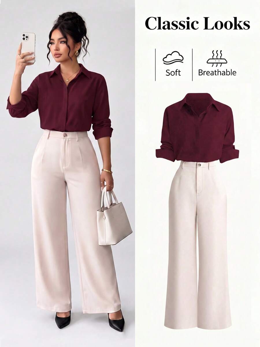 Elenzga Damen Große Größen Sommer bis Herbst Langarm Minimalistischer Farbblock 2-teiliges Set, einfarbige vielseitige weite Hose, geeignet für Pendeln und Ausflüge - Verschiedenfarbig - Übersicht 1