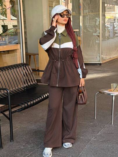 Solavon Women's Zipper Contrast Drawstring Long Sleeve Jacket And Casual Pants Arabic Outfit Set