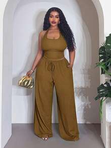 Veslaya Plus Size Summer Casual Backless Halter Top & Long Pants Set - Army Green - View 6