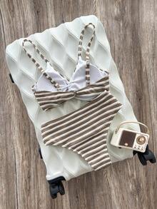 Swim SXY 女款夏季海灘條紋拼接細肩帶性感比基尼三角褲兩件式泳衣套裝 - 卡其色 - 查看 2