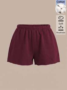 SHEIN BASICS 女款戶外休閒基礎款鬆緊腰短褲 夏季女裝 日常居家工作居家休閒 紅酒色 - 酒紅色 - 查看 1