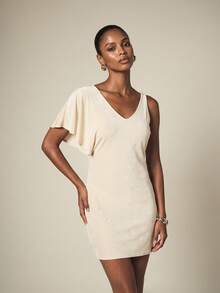 KSTM Asymmetric One-Sleeve Flutter Mini Dress V-Neck Bodycon Silhouette Summer Party Cocktail Night Out Evening White Elegant Sexy - Apricot - View 1