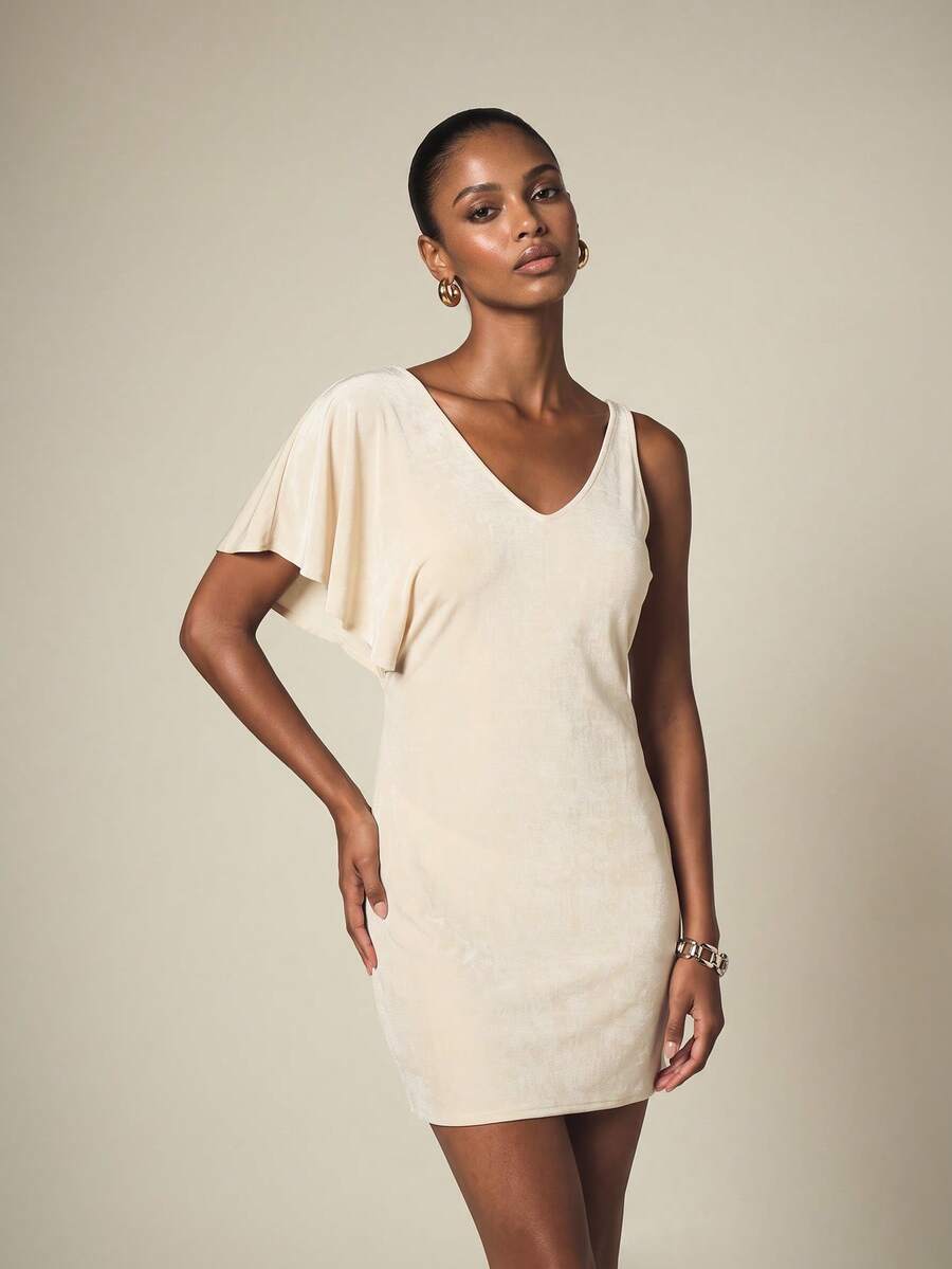 KSTM Asymmetric One-Sleeve Flutter Mini Dress V-Neck Bodycon Silhouette Summer Party Cocktail Night Out Evening White Elegant Sexy - Apricot - View 1