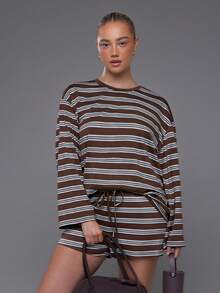 Voyena Women's Plus Size Striped Colorblock Long Sleeve Top And Shorts Casual Daily Sports Set - Coffee Brown - View 1