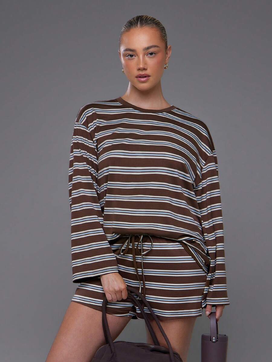 Voyena Women's Plus Size Striped Colorblock Long Sleeve Top And Shorts Casual Daily Sports Set - Coffee Brown - View 1
