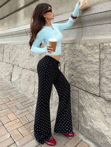 MainGRL 黑色圓點針織女款喇叭褲 - 黑色 - 查看 3