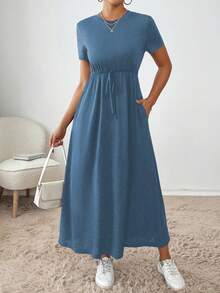 SHEIN Essnce 女士休闲纯色抽绳腰连衣裙，夏季 - 藍色 - 查看 6