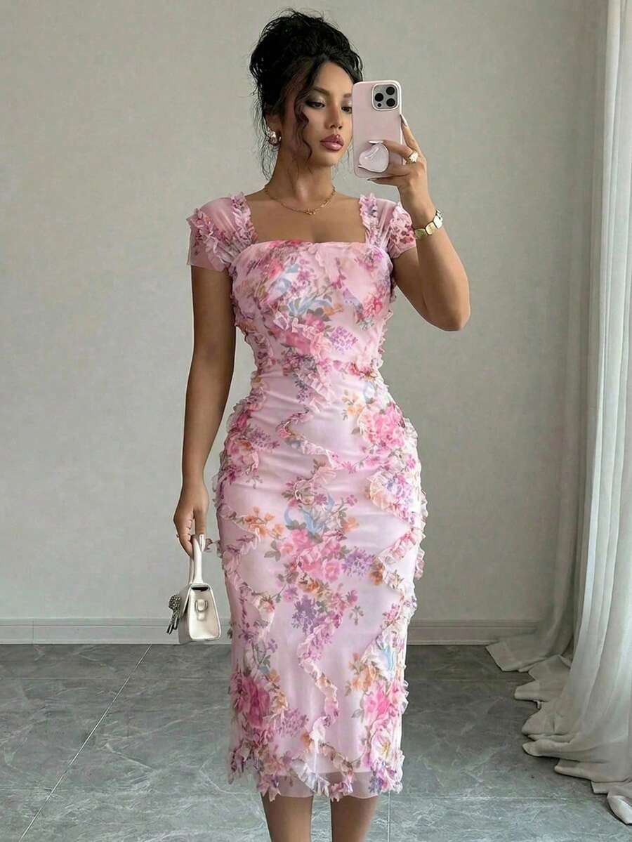 Elenzga 女士优雅浪漫网纱印花褶皱中长连衣裙，适合婚礼季、派对、约会、休闲外出、春夏穿着 - 粉色 - 查看 1