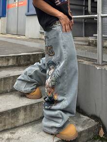 STEELVANCE Streetwear Retro Fashion Versatile Distressed Washed Rivet Character Letter Print Design Loose Straight Wide Leg Casual Denim Jeans Holiday Summer - Light Wash - View 8