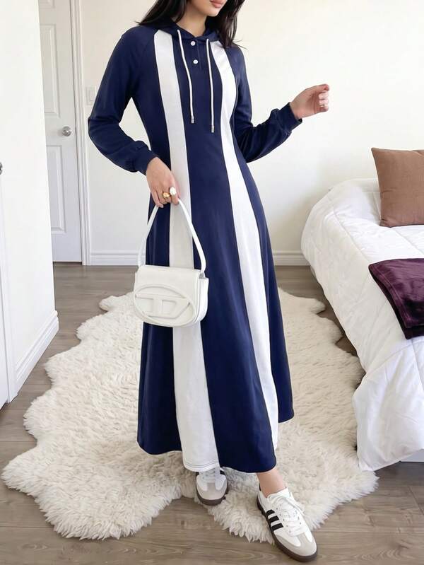 Solavon Women's Versatile Slim-Fit Long-Sleeve Hooded Dress Navy Blue And White 33 Cotton Knit Blend Night Out Holiday Daily Autumn Casual Baggy Active