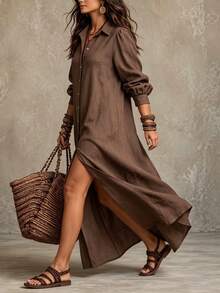 Linhara CURVE Vestido largo de talla grande para mujer, color liso, con solapa y abertura delantera, para primavera/otoño/invierno, uso casual/campestre/diario - Café integral - Ver 6