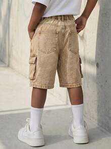 Summer Young Boy Denim Shorts, Washed Blue, Versatile Stylish Cargo Design With Large Pockets, Elastic Waist, Loose Straight Leg - Khaki - View 2