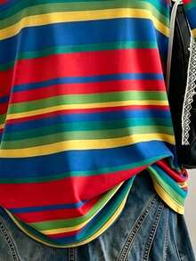 1pc Teen Girls Y2K Millennium Style Retro Colorful Contrast Stripe Pattern Short Sleeve Round Neck T-Shirt, Suitable For Campus, Daily Outings, Parties, Casual Summer Top Outfit - Multicolor - View 6