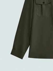 男士加大码橄榄绿经典长袖衬衫，秋季新款优雅休闲衬衫上衣 - 墨綠色 - 查看 7