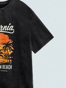 Modcrash Kaos Pria Ukuran Besar Kasual Musim Panas Motif Pohon Palem Matahari Terbenam Kerah Bulat Dicuci - Hitam - View 7