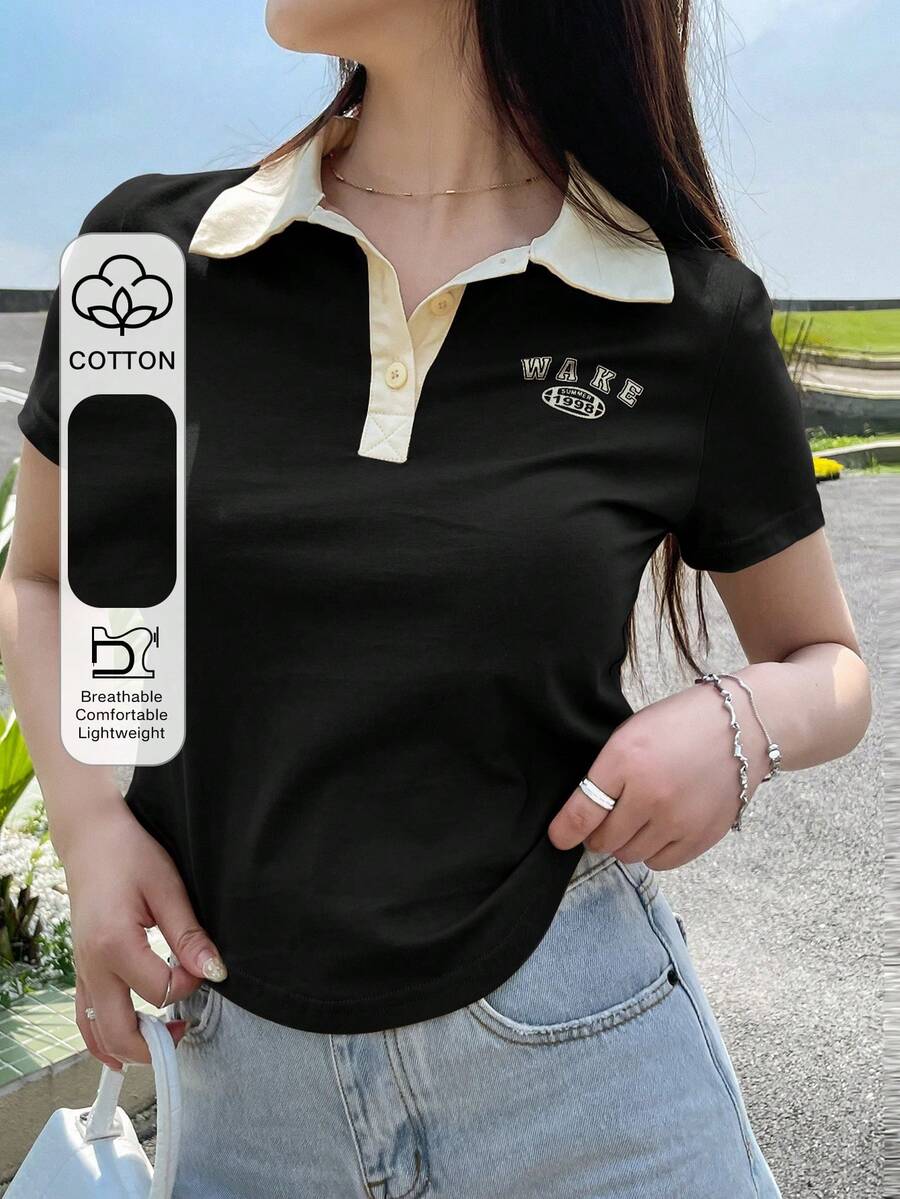 DAZY Letter Graphic Contrast Collar Tee Summer Preppy Tops Cute Tops - Black - View 1