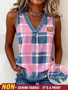 EMERY ROSE Women's V-Neck Patch Casual Versatile Daily Wear Top - Red - View 1