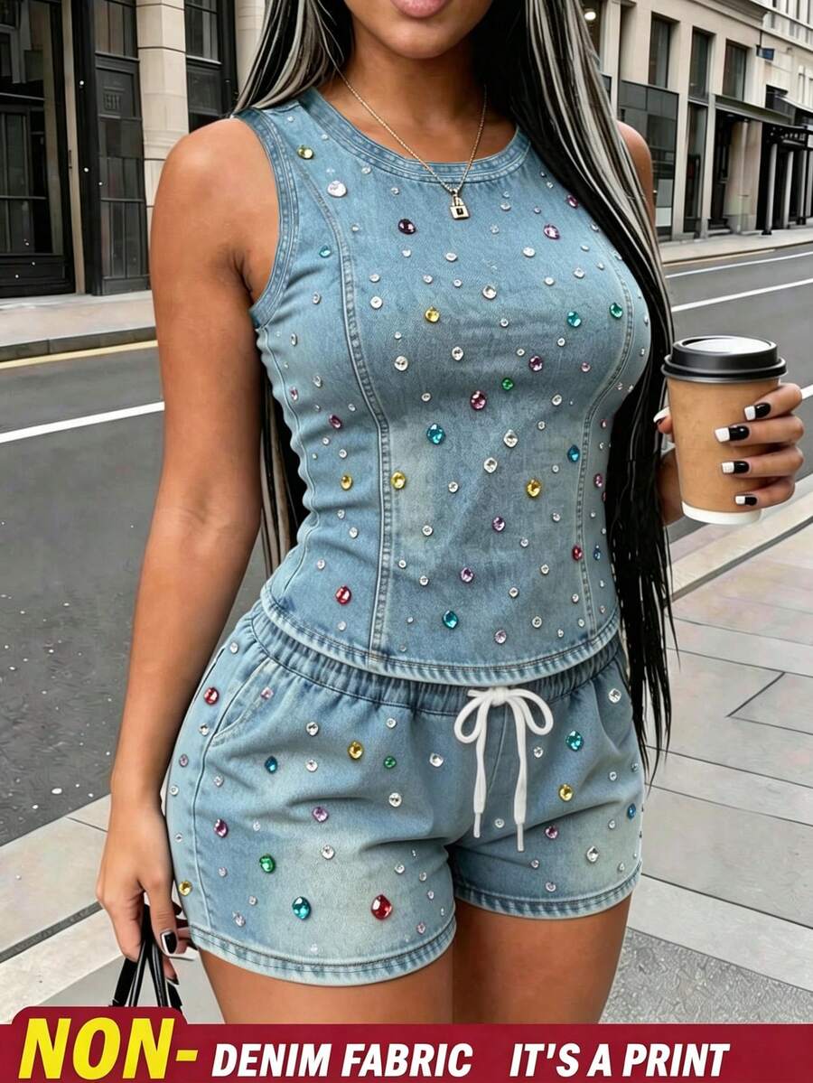 Rovax Women's Colorful Rhinestone Decor Round Neck Top And Drawstring Waist Shorts Casual Daily 2-Piece Set - Multicolor - View 1