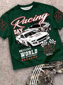 大童男孩休閒舒適時尚極簡圓領短袖喇叭褲 T-shirt 套裝，經典酷炫賽車圖案印花，街頭風枯枝與落葉圖案印花，適合秋冬 - 彩色 - 查看 3