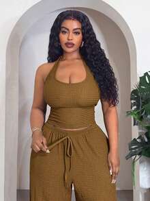 Veslaya Plus Size Summer Casual Backless Halter Top & Long Pants Set - Army Green - View 8