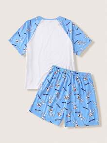 LOONEY TUNES X SHEIN Men's Raglan Short Sleeve Top And Shorts Loungewear Set - Blue and White - View 2