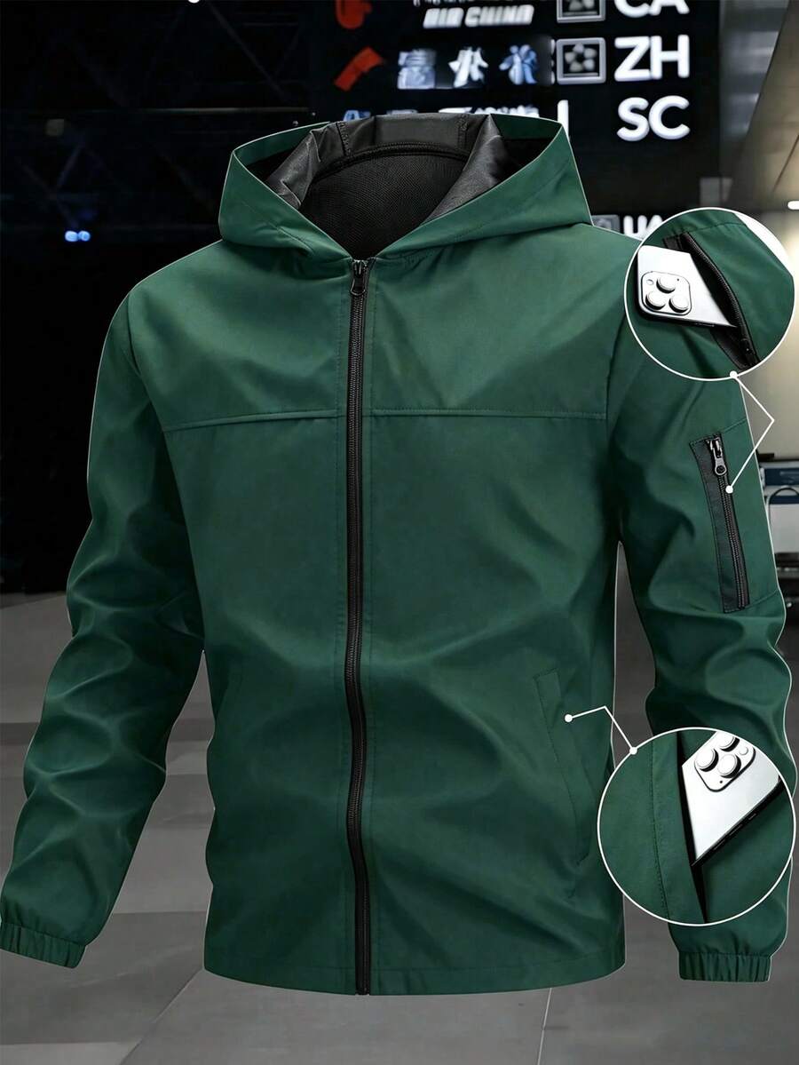 Manfinity Homme Men's Solid Color Long Sleeve Zip-Up Hooded Jacket - Green - View 1