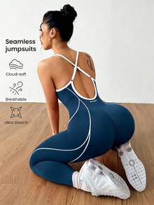 Dewbera Dewbera Seamless Backless Fitted Sports Jumpsuit - Teal Blue - View 5