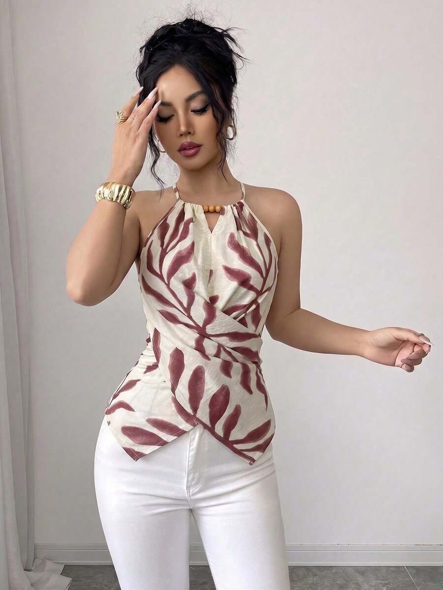 SHEIN Clasi 女款夏季優雅熱帶歐式休閒黑白豹紋葉片印花無袖掛脖蝴蝶結背心上衣 度假園遊會適用 - 彩色 - 查看 1