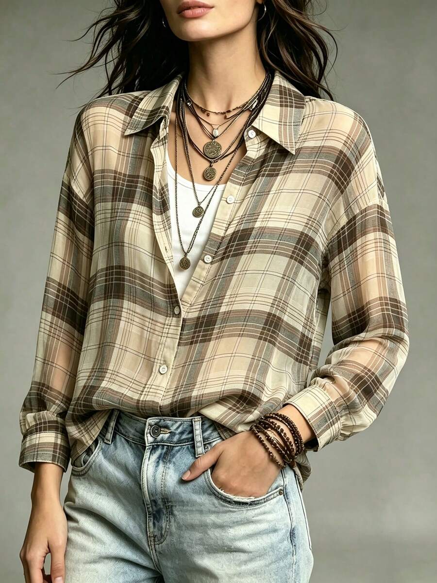 Franclia Women's Plaid Lightweight Casual Loose Shirt, Fashionable Sun Protection, Spring/Summer - Yellow - View 1