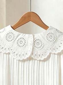 SHEIN Girls Elegant Cute White Blouse Long Sleeve Embroidered Eyelet Ruffle Collar Striped Button Front Princess Blouse For Autumn Party School Birthday - White - View 5