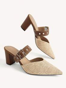 CUCCOO CHICEST Spring And Summer New Linen Pointed Toe Women's High Heels Shoes Mule Shoes Leather Buckle Thick Heel Slouchy Shoes Retro Casual Dating Party Fall Shoes - Brown - View 10