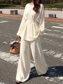 Livesso 女款 2 件式優雅商務休閒套裝，寬鬆時尚街頭風，荷葉邊設計百褶收腰套頭襯衫上衣與直筒休閒西裝長褲，春夏薄款服飾 - 米色 - 查看 7