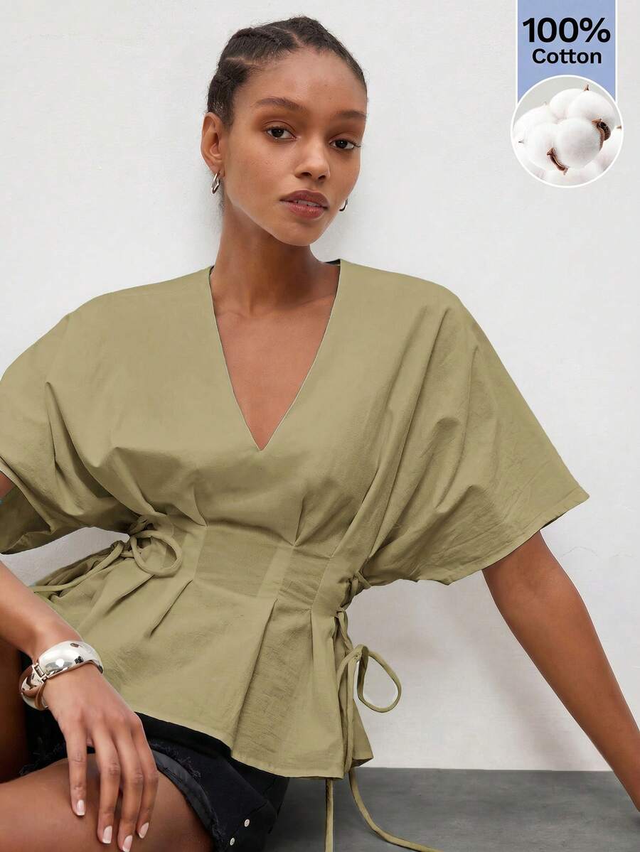 MAIJA Summer Boho Casual Elegant Khaki Green Ruffle Hem Balloon Sleeve Blouse Brunch Office - Army Green - View 1