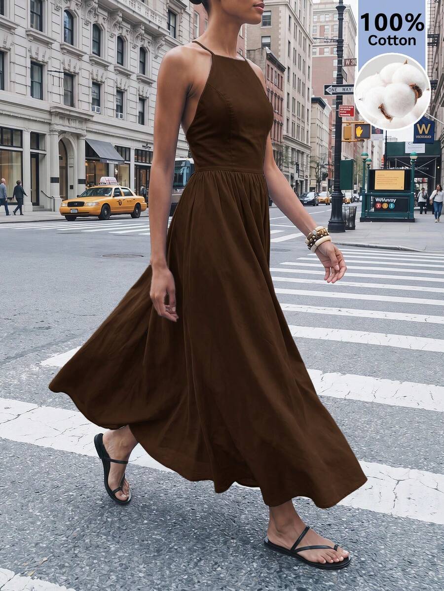 Maija Women's Solid Color Backless Criss-Cross Design Elegant Spaghetti Strap Midi Dress - Brown - View 1