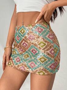 SHEIN PETITE Women's Skirt Sequins Beads Shiny Material Party Clubbing Music Festival Suitable For Vacation Light Green Summer Disco Sexy - Multicolor - View 2