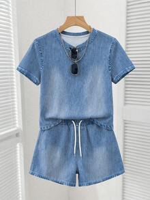 Franclia Loose Fit Contrast Color Round Neck T-Shirt And Shorts Set - Dusty Blue - View 3