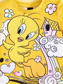 LOONEY TUNES X SHEIN 女嬰卡通Tweety彩虹俏皮印花玫瑰粉可愛休閒短袖T恤與短褲套裝 - 黃色 - 查看 5