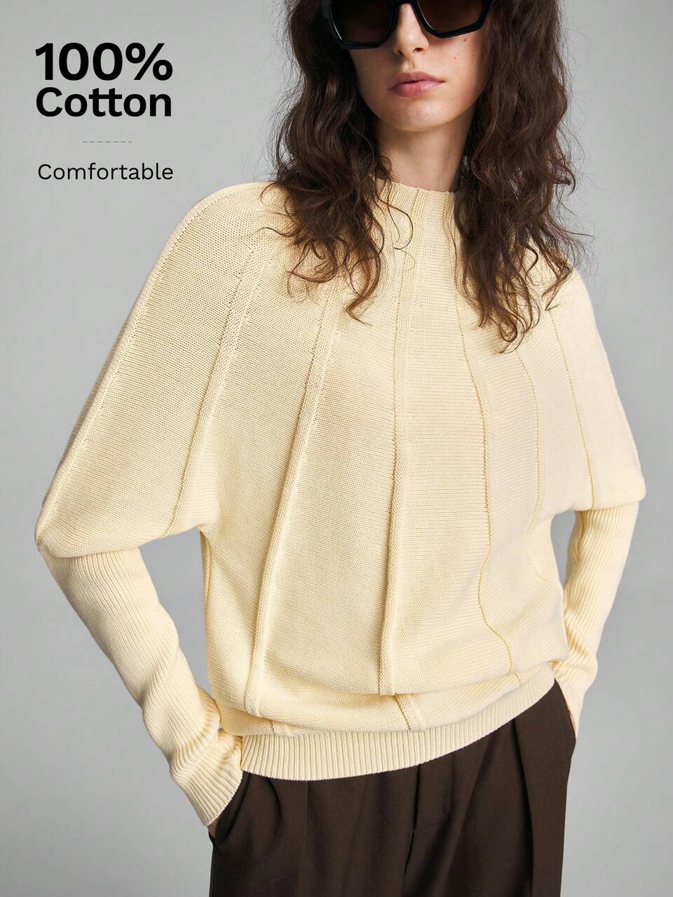 2026 New Autumn Women's Loose Fit Grey Long Sleeve Batwing Sleeve 3D Ribbed Design Mock Neck Sweater, Casual Commute Urban Modern Minimalist Elegant Tea Party Independence Day Old Money Style Teacher Office Wear Holiday Dress Vacation Date Outwear Fashion Versatile Sweater