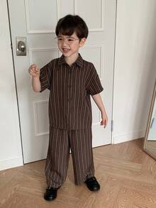 Hapijoa Young Boy Striped Polo Shirt And Straight Leg Pants Set - Brown - View 4