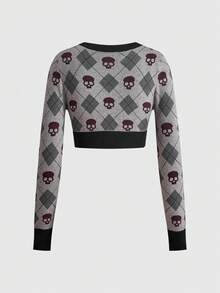 ROMWE Y2K Halloween Skeleton Argyle Pattern Autumn/Winter All-Match Versatile Slim Fit College Style Women's Cardigan - Grey - View 2